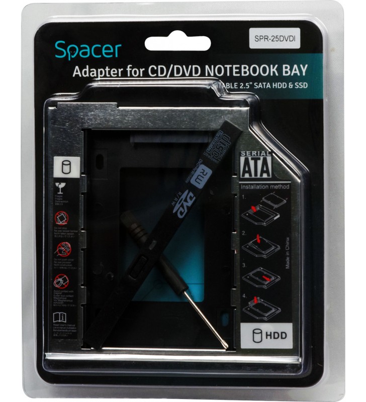 RACK CADDY SPACER HDD/ SSD pentru CD/DVD Bay, pentru Notebook, ingust, 9.5mm, SPR-25DVDI