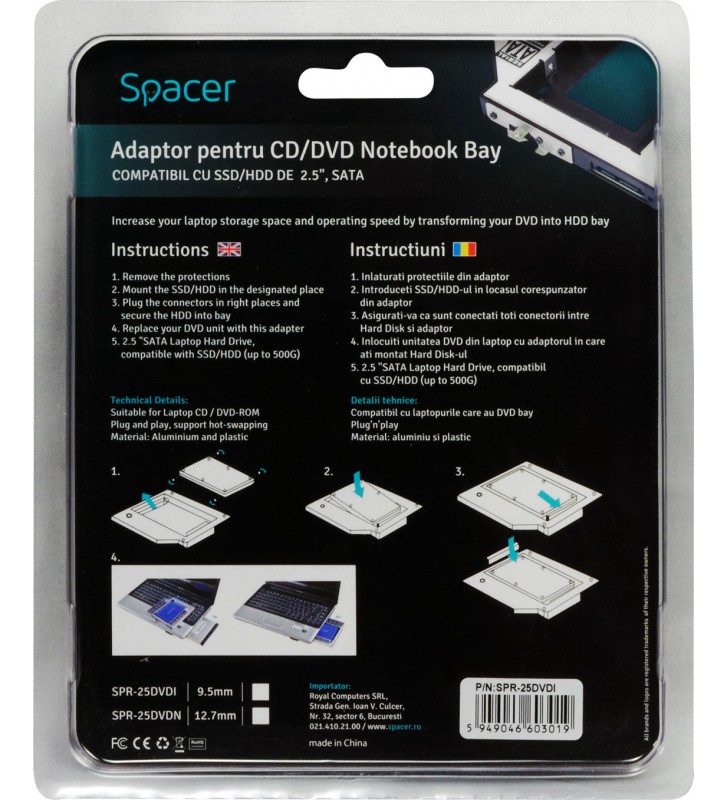 RACK CADDY SPACER HDD/ SSD pentru CD/DVD Bay, pentru Notebook, ingust, 9.5mm, SPR-25DVDI