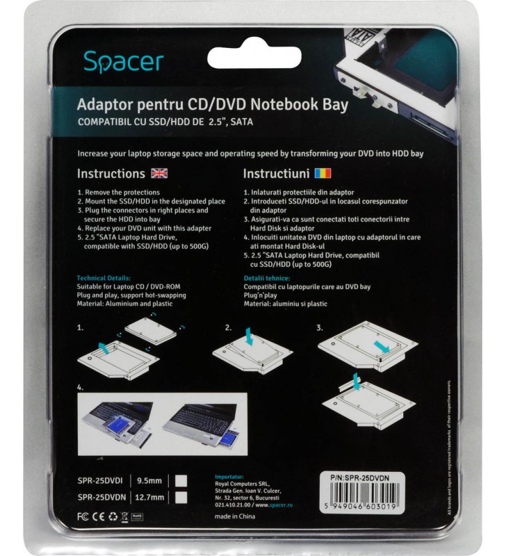 RACK CADDY SPACER HDD/ SSD pentru CD/DVD Bay, pentru Notebook, NORMAL, 12.7mm, "SPR-25DVDN"
