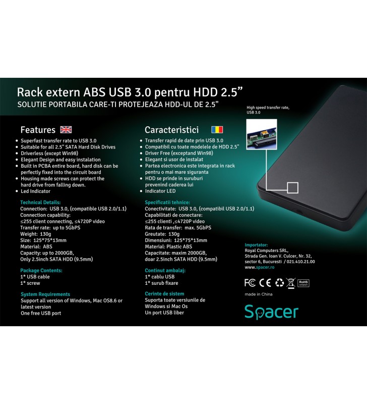 RACK EXTERN SPACER 2.5" HDD S-ATA to USB 3.0  Plastic, Negru,"SPR-25612"/45506249