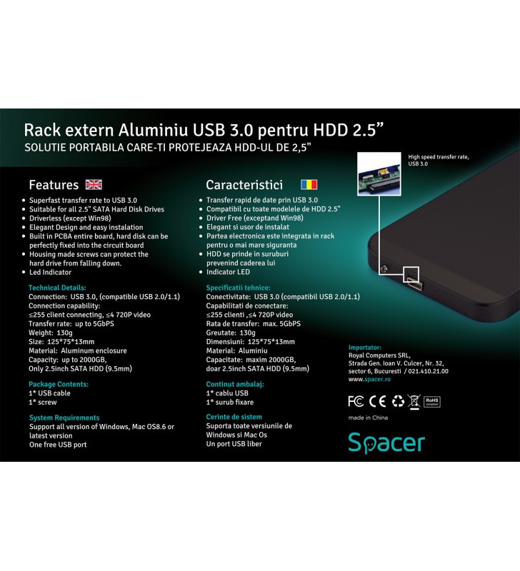 RACK EXTERN SPACER 2.5" HDD S-ATA to USB 3.0, Aluminiu, Negru, "SPR-25611"/45503295