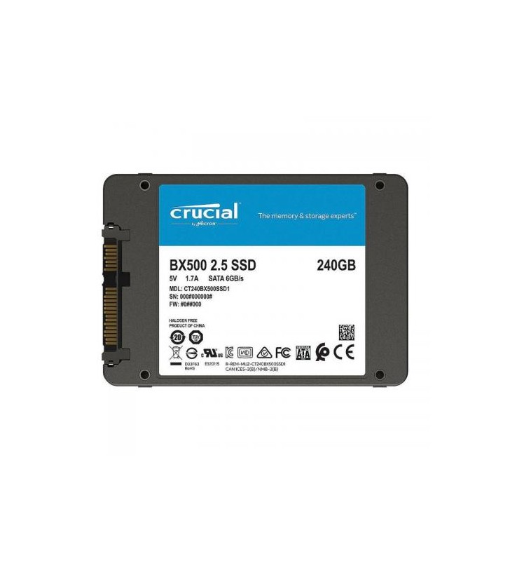 SSD series BX500, 240GB, SATA 3.0, Write speed 500 MBytes/sec, Read speed 540 MBytes/sec, Form Factor 2,5", Drive thickness 7mm