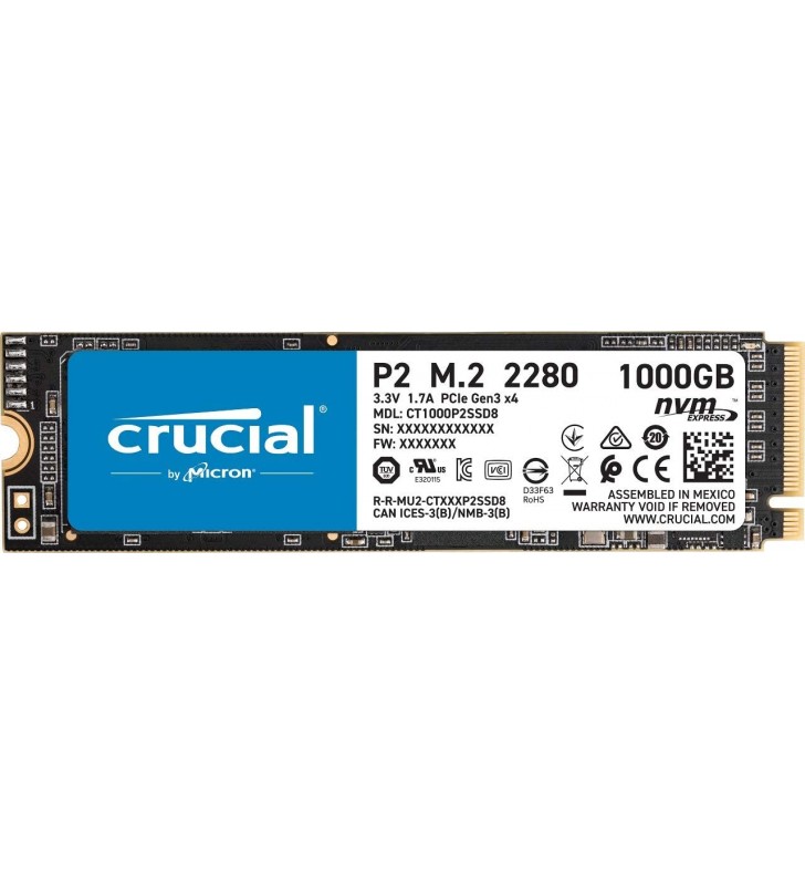Crucial SSD 1000GB P2 M.2 NVMe PCIEx4 80mm Micron 3D NAND 2300/1150 MB/s, 5yrs, EAN: 649528823472