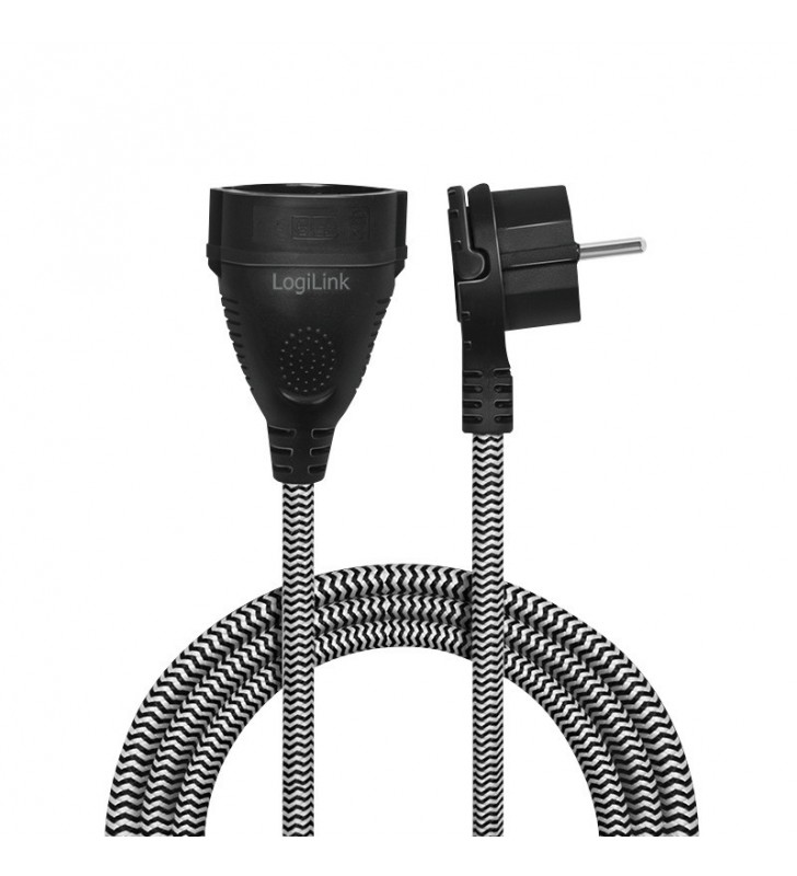 PRELUNGITOR LOGILINK, Schuko x 1, conectare prin Schuko (T), cablu 3 m, 16 A, conector plat, braided, negru / alb, "LPS104"