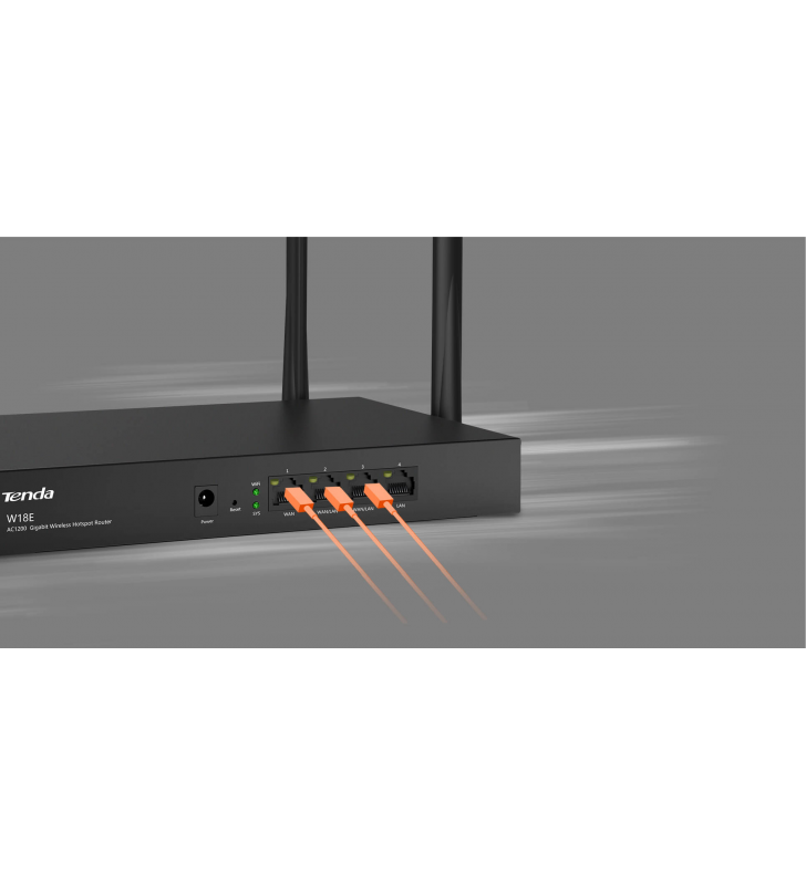Router wireless Tenda Gigabit W18E Dual-Band, 2.4 / 5 GHz, 300+867Mbps, 4x GE (1-3 WAN/ 1-3 LAN)