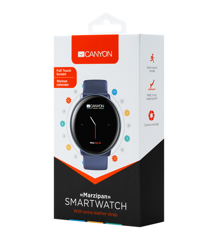 CANYON Marzipan SW-75 Smart watch, 1.22inches IPS full touch screen, aluminium+plastic body,IP68 waterproof, multi-sport mode with swimming mode, compatibility with iOS and android,Blue with extra blue leather belt, Host: 41.5x11.6mm, Strap: 240x20mm, 20.