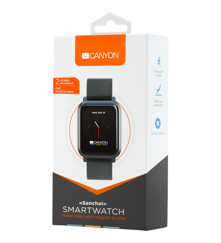 CANYON Sanchal SW-73 Smart watch, 1.22inch IPS full touch, 6H Glass,2 straps, metal strap and silicon strap, metal case, IP68 waterproof, multisport mode, camera remote, 150mAh, compatibility with iOS and android, Black, host: 42*35*11.4mm, belt: 222*18mm