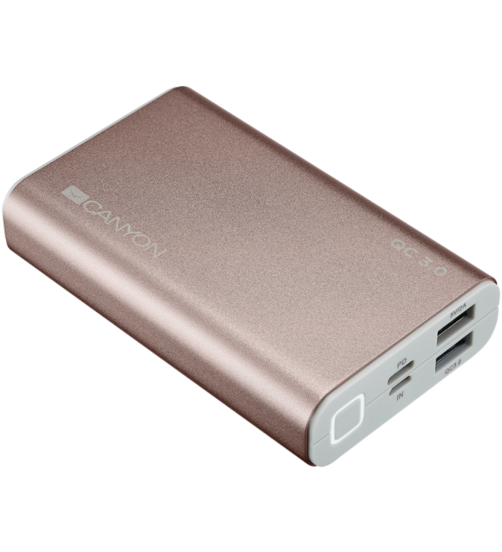 Canyon Power bank 10000mAh Li-polymer battery, Input Micro/PD 18W(Max), Output PD/QC3.0 18W(Max), with Smart IC, Aluminium alloy, cable length 0.24m, 100*62*22mm, 0.25kg, Rose gold