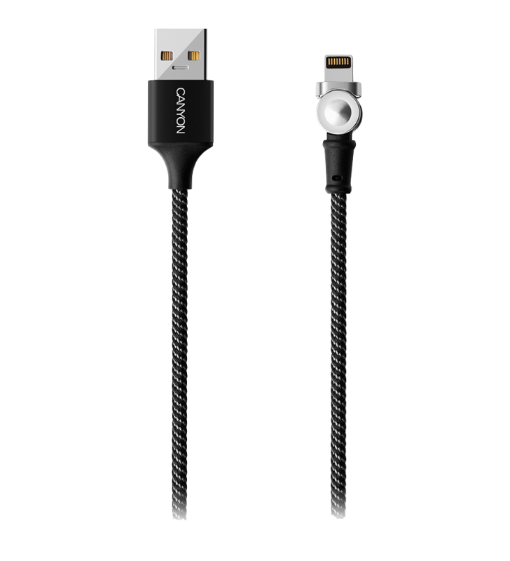 CANYON Rotating magnetic lightning charging cable (no data transfer), USB2.0, Power output 5V/2A, OD 3.2mm, with Short-circuit protection, cable length 1m, Black, 16*6*1000mm, 0.024kg