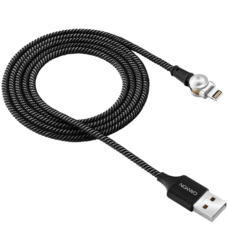 CANYON Rotating magnetic lightning charging cable (no data transfer), USB2.0, Power output 5V/2A, OD 3.2mm, with Short-circuit protection, cable length 1m, Black, 16*6*1000mm, 0.024kg