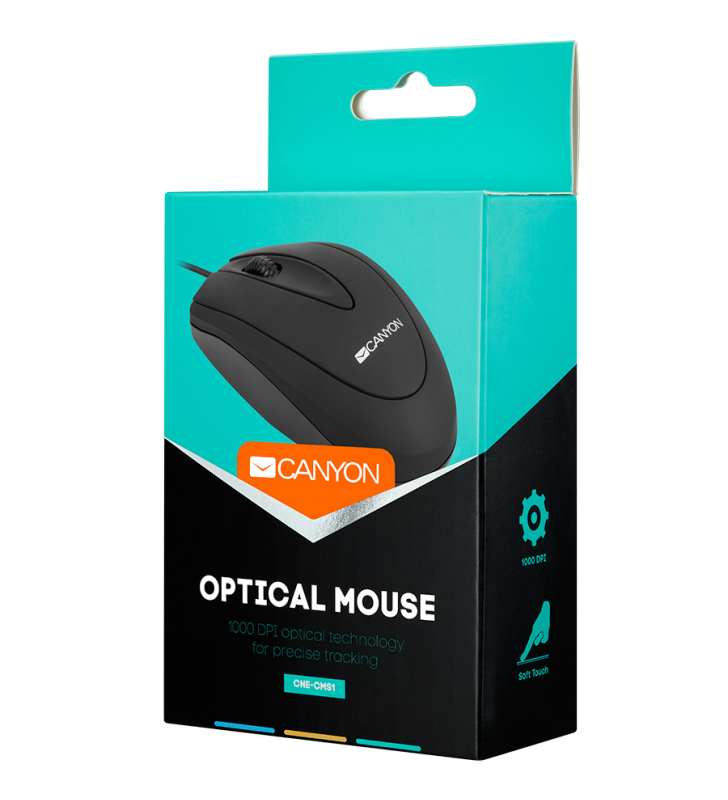 CANYON wired optical Mouse with 3 buttons, DPI 1000, Black, cable length 1.15m, 100*51*29mm, 0.07kg