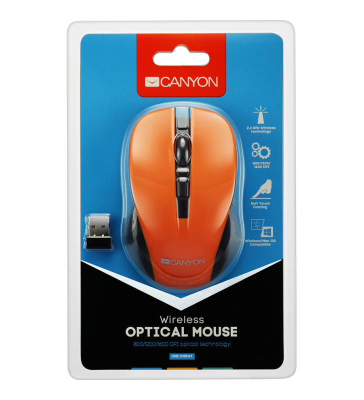 CANYON 2.4GHz wireless optical mouse with 4 buttons, DPI 800/1200/1600, Orange, 103.5*69.5*35mm, 0.06kg