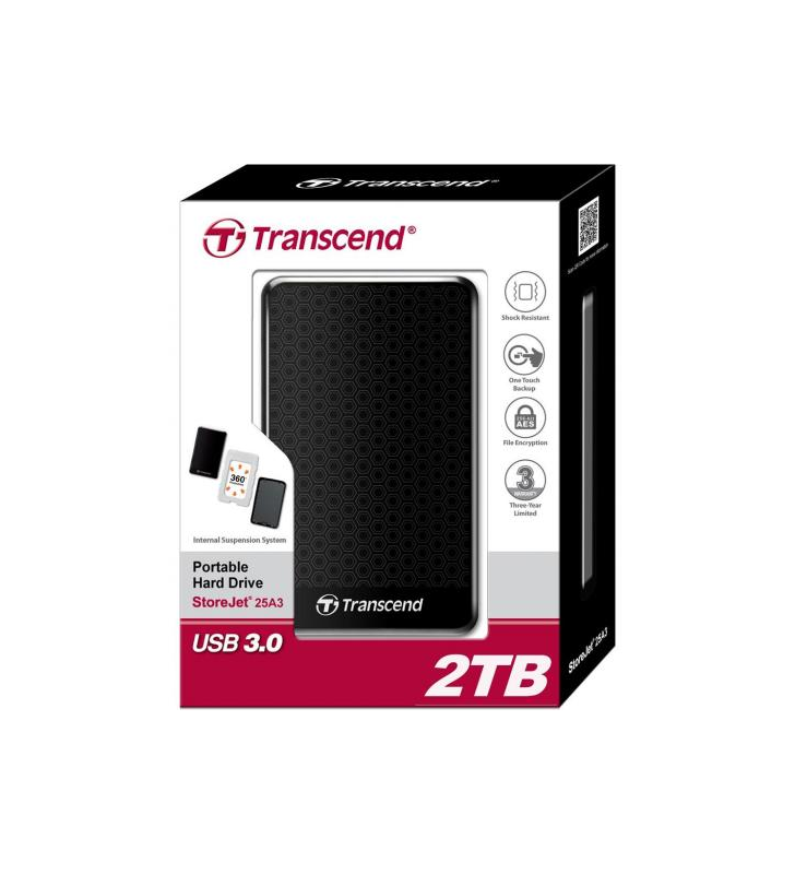 Hard Disk Portabil Transcend StoreJet 25A3 2TB, black, 2.5inch