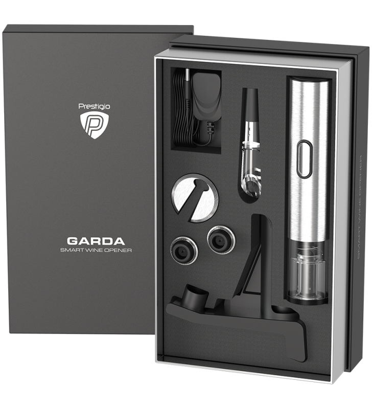 Garda, smart wine opener, aerator, vacuum stopper preserver, foil cutter, 500mAh battery, Dimensions D 17mm* H 290mm* W100 mm, silver