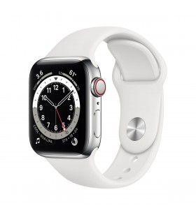 Apple Watch S6 GPS + Cellular, 40mm Silver Stainless Steel Case with White Sport Band - Regular