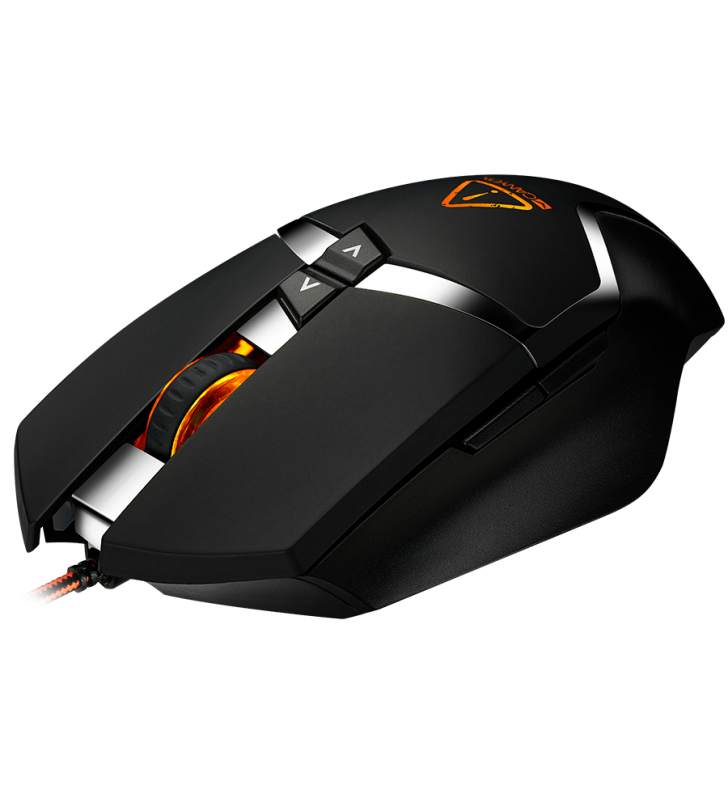 CANYON Wired gaming mouse programmable, Sunplus 189E2 IC sensor, DPI up to 4800 adjustable by software, Black rubber coating with chrome design, cable length 1.7m, 130*72*40mm, 0.12kg