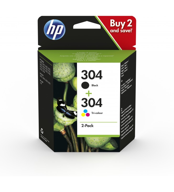 HP 304 2-pack Black/Tri-color Original Ink Cartridges 2 buc. Productivitate Înaltă (XL) Negru, Cyan, Magenta, Galben