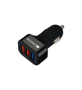 CANYON C-07 Universal 3xUSB car adapter(1 USB with Quick Charger QC3.0), Input 12-24V, Output USB/5V-2.1A+QC3.0/5V-2.4A&9V-2A&12V-1.5A, with Smart IC, black rubber coating+black metal ring+QC3.0 port with blue/other ports in orange, 66*35.2*25.1mm, 0.025