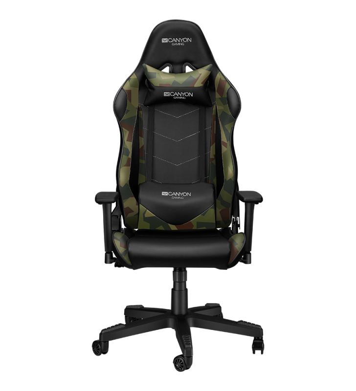 Gaming chair, PU leather, Original foam and Cold molded foam, Metal Frame, Top gun mechanism, 90-165 dgree, 3D armrest, Class 4 gas lift, Nylon 5 Stars Base, 60mm PU caster, Black+camouflage pattern