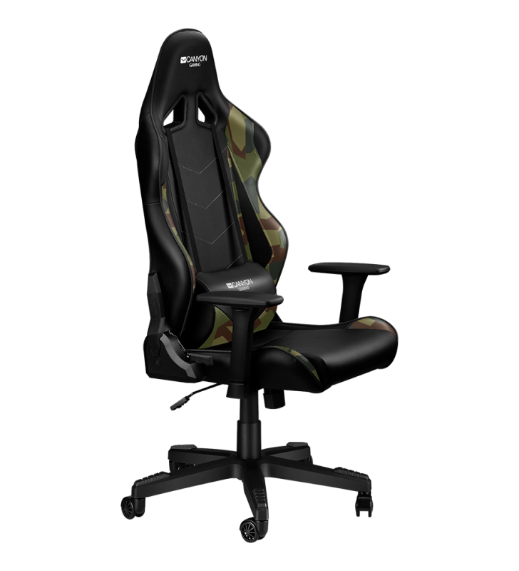 Gaming chair, PU leather, Original foam and Cold molded foam, Metal Frame, Top gun mechanism, 90-165 dgree, 3D armrest, Class 4 gas lift, Nylon 5 Stars Base, 60mm PU caster, Black+camouflage pattern