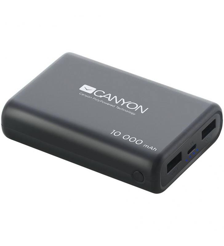 CANYON Power bank 10000mAh Li-poly battery, Input 5V/2.1A, Output 5V/2.1A(Max), with Smart IC, Black, 3in1 USB cable length 0.3m