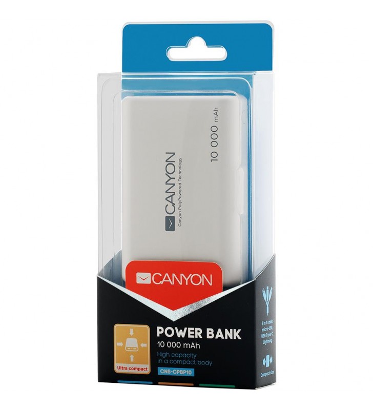 CANYON Power bank 10000mAh Li-poly battery, Input 5V/2.1A, Output 5V/2.1A(Max), with Smart IC, White, 3in1 USB cable length 0.3m