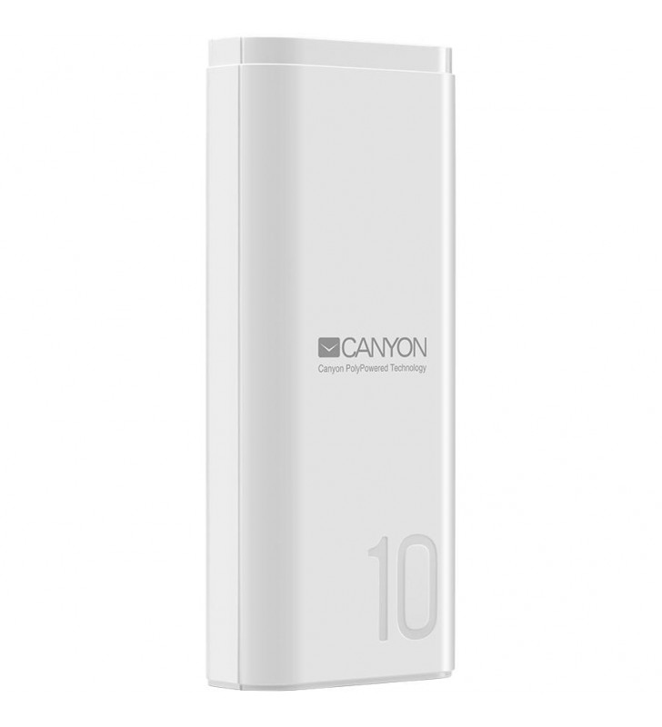 CANYON Power bank 10000mAh Li-poly battery, Input 5V/2A, Output 5V/2.1A, with Smart IC, White, USB cable length 0.25m, 120*52*22