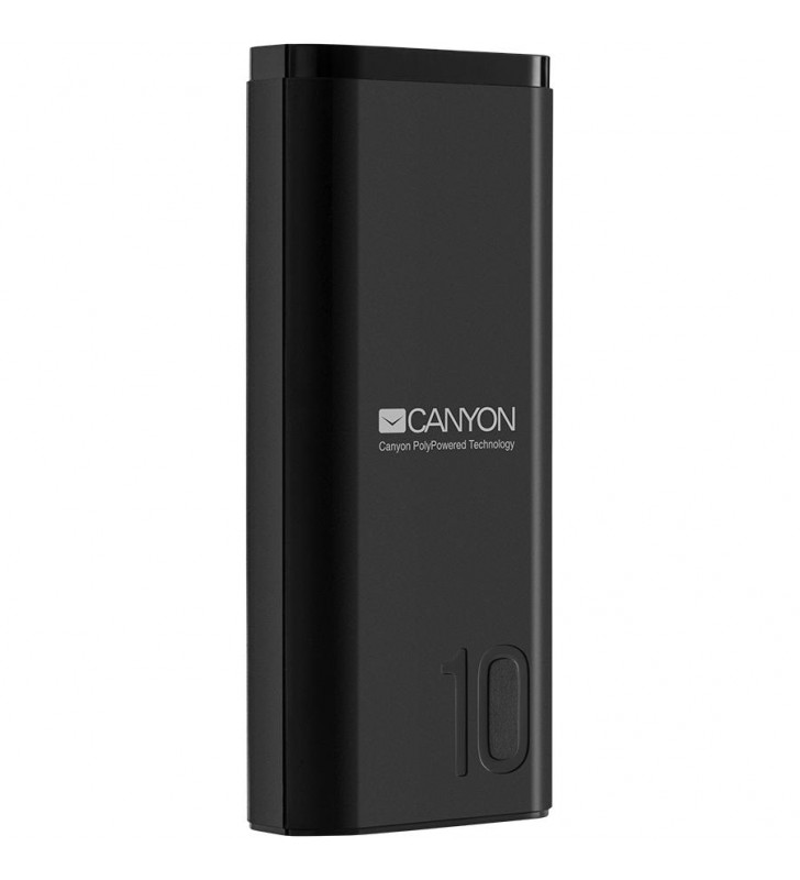 CANYON Power bank 10000mAh Li-poly battery, Input 5V/2A, Output 5V/2.1A, with Smart IC, Black, USB cable length 0.25m, 120*52*22