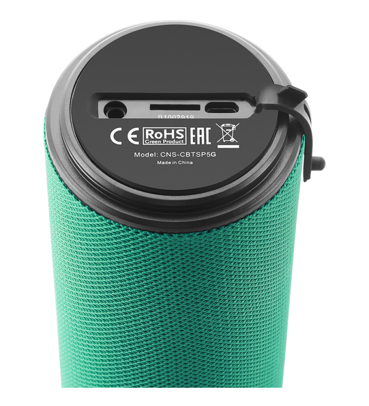 CANYON Bluetooth Speaker, BT V5.0, Jieli AC6925B, Built in microphone, TF card support, 3.5mm AUX, micro-USB port, 1200mAh polymer battery, Green, cable length 0.5m, 65*65*165mm, 0.326kg