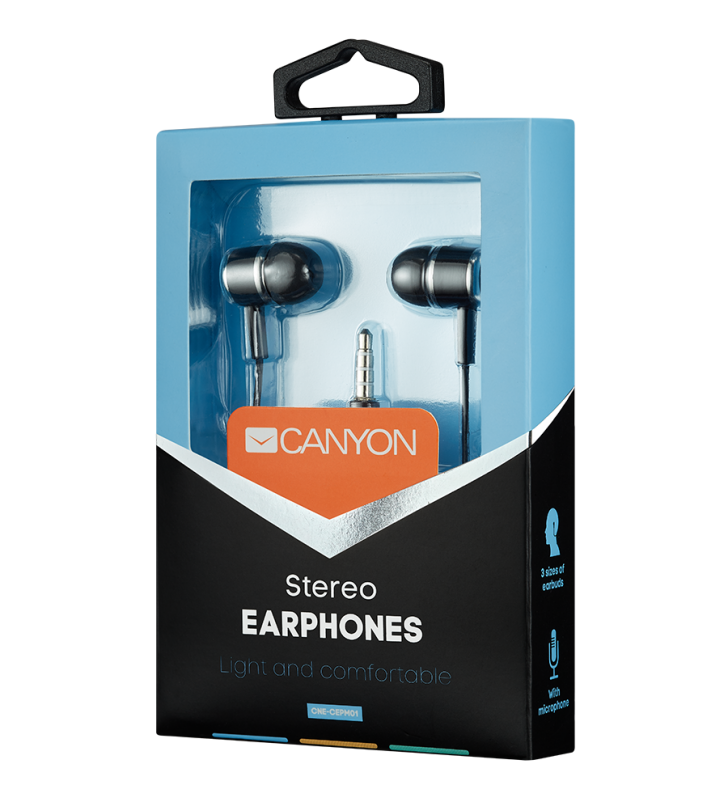 CANYON Stereo earphones with microphone, Black, cable length 1.2m, 23*9*10.5mm,0.013kg