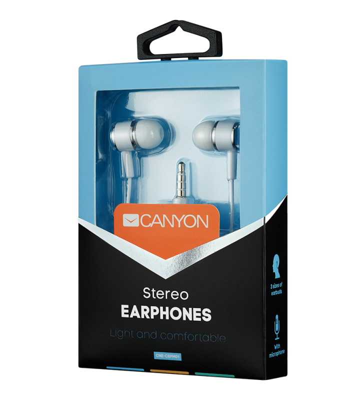 CANYON Stereo earphones with microphone, White, cable length 1.2m, 23*9*10.5mm,0.013kg
