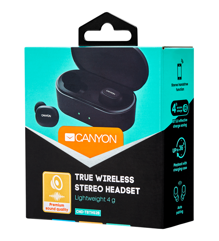 Canyon TWS Bluetooth sport headset, with microphone, BT V5.0, RTL8763BFR, battery EarBud 43mAh*2+Charging Case 800mAh, cable length 0.18m, 78*38*32mm, 0.063kg, Black