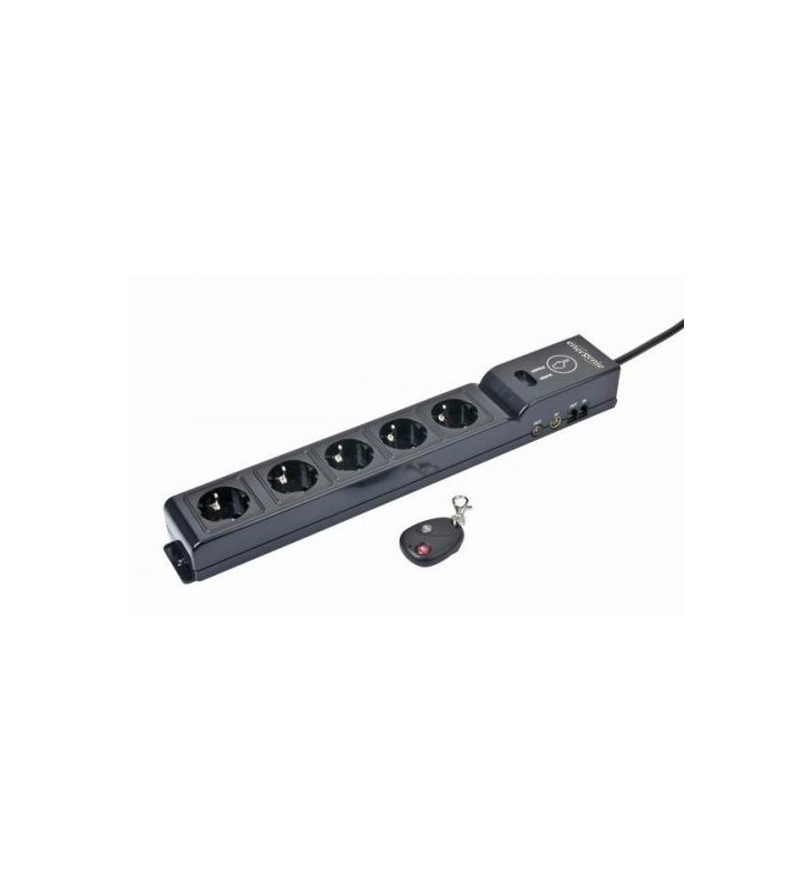 ENERGENIE remote controlled 5 socket surge protector up to 10m protected ports network telephone TV 2x USB ports length 1.8m black
