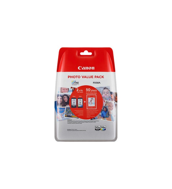 Canon PG-545 XL / CL-546XL Photo Value Pack - 2 pachete - Randament ridicat - negru, culoare (cyan, magenta, galben) - original - 50 coli - 100 x 150 mm - cartuș de cerneală / set de hârtie