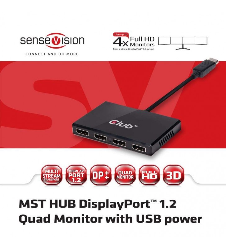 OPEN BOX CLUB3D Multi Stream Transport Hub DisplayPort 1.2 Quad Monitor USB Powered