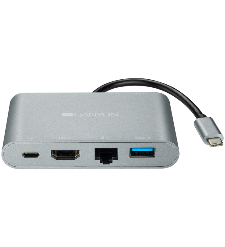 CANYON DS-4 Multiport Docking Station with 5 ports: 1*Type C male+1*HDMI+1*RJ45+2*USB3.0, Input 100-240V, Output USB-C PD 60W&USB-A 5V/1A, cabel length 0.11m, Rubber coating, Space grey, 93*54*17mm, 0.075kg