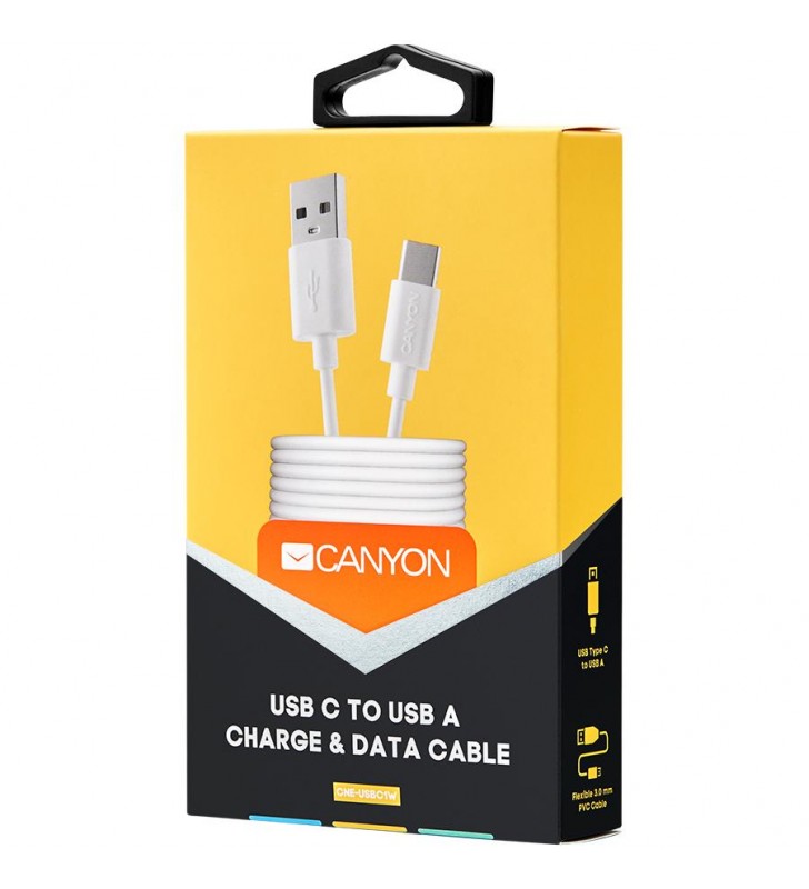 CANYON Type C USB Standard cable, cable length 1m, White, 15*8.2*1000mm, 0.018kg