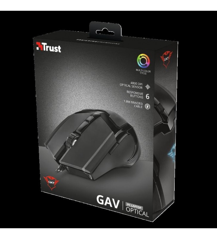 MOUSE TRUST, "GXT 101 Gav" gaming, cu fir, optic, USB, 4800 dpi, 6/1, iluminare, buton selectare viteza, negru, "TR-21044", (include TV 0.15 lei)