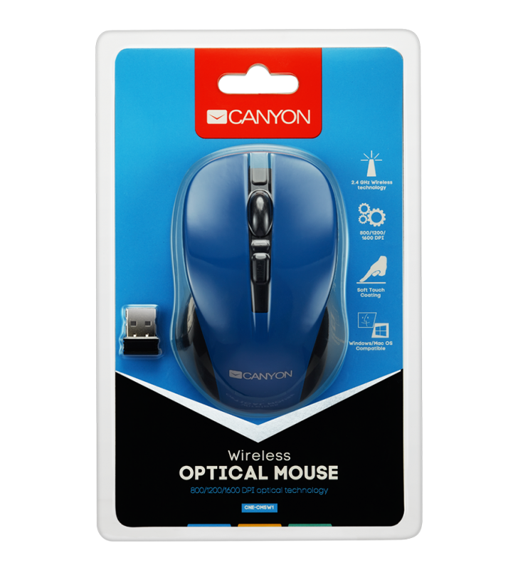 CANYON 2.4GHz wireless optical mouse with 4 buttons, DPI 800/1200/1600, Blue, 103.5*69.5*35mm, 0.06kg