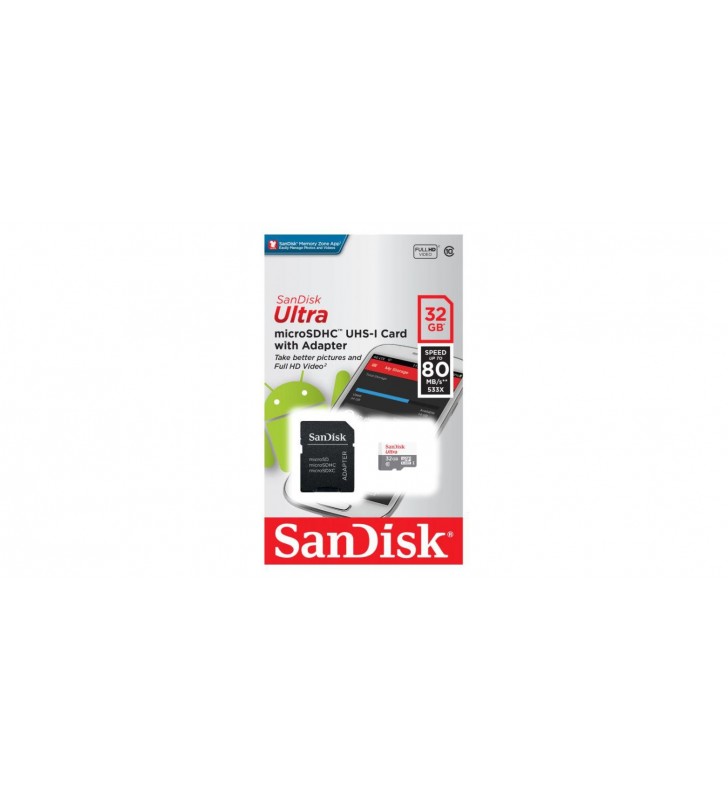 CARD MicroSD SANDISK, 32 GB, microSDHC, clasa 10, standard UHS-I U1, "SDSQUNR-032G-GN3MA"