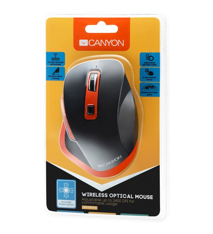 Canyon 2.4Ghz Wireless mouse, with 6 buttons,DPI 800/1200/1600/2000/2400,Battery:AAA*2 pcs , Black-Orange119.6*81.1*43.3mm86.8g