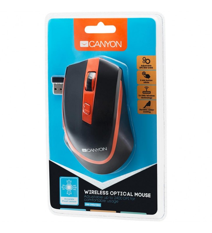 Canyon  2.4 GHz  Wireless mouse ,with 6 buttons, DPI 800/1200/1600/2000/2400, Battery:AAA*2pcs  ,Black-Orange 77.4*120.6*40.5mm 
