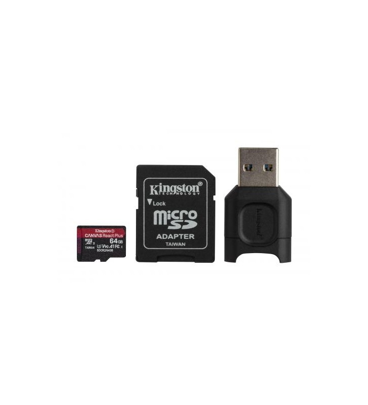 Kit Memory Card Kingston Canvas React Plus MicroSD 64GB, CL10 + Card Reader, USB, Black