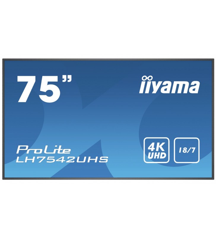 iiyama PROLITE LH7542UHS-B3 Panou informare digital de perete 189,2 cm (74.5") IPS 4K Ultra HD Negru Procesor încorporat