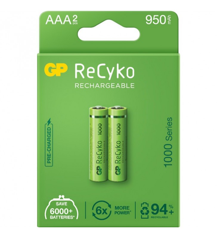 Acumulatori GP Batteries, ReCyko 1000mAh AAA (LR03) 1.2V NiMH, paper box 2 buc. "GP100AAAHCE-2EB2" "GPRHC103E000"