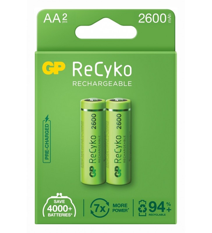 Acumulatori GP Batteries, ReCyko 2600mAh AA (LR6) 1.2V NiMH, paper box 2 buc. "GP270AAHCE-2EB2" "GPRHC272E000"