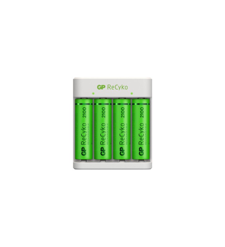 Incarcator GP Batteries, Recyko compatibil NiMH (AA/AAA), include 2 x 2100 mAh AA (R6), incarcare USB, 2 LED-uri indicare incarcare, "GPE411210AAHC-2B4" "GPACSE411001"