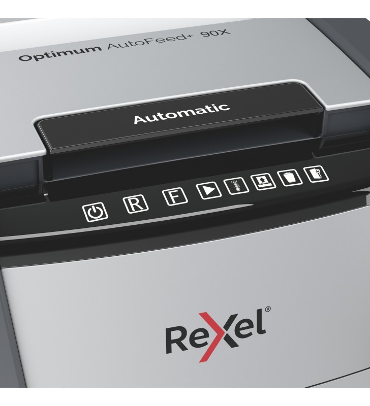 Distrugator automat documente Rexel OPTIMUM  90X ,  90 coli, P4, cross-cut (tip confeti), cos  34 litri, negru-gri, "2020090XEU"