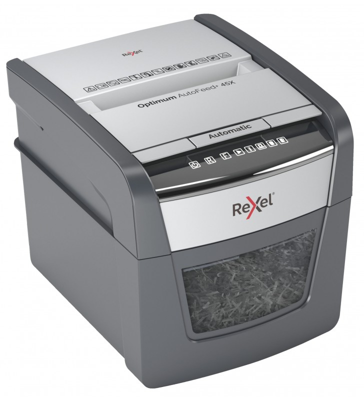 Distrugator automat documente Rexel OPTIMUM  45X ,  45 coli, P4, cross-cut (tip confeti), cos  20 litri, negru-gri, "2020045XEU"