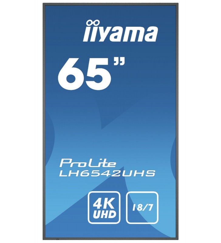 iiyama LH6542UHS-B3 Afișaj Semne Panou informare digital de perete 163,8 cm (64.5") IPS 4K Ultra HD Negru Procesor încorporat
